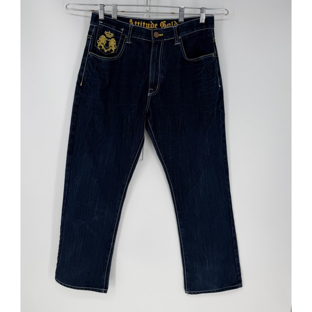 Attitude Gold VTG Men 34x30 Dark Wash Victory Courage Embroidered Y2K Streetwear